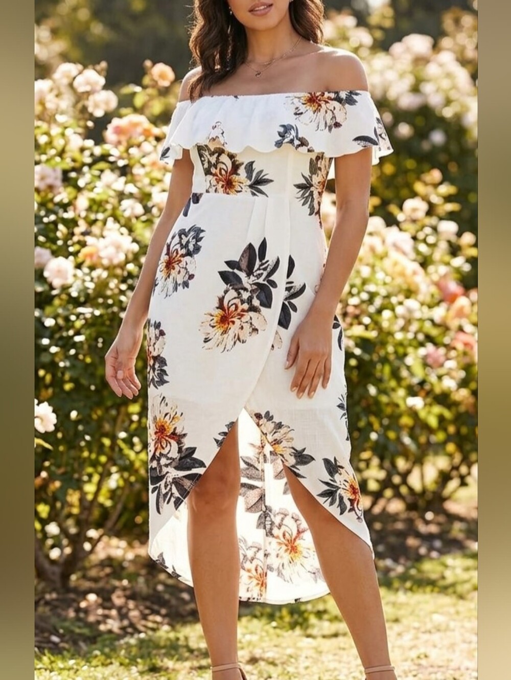 Off-Shoulder White Floral Wrap Midi Dress